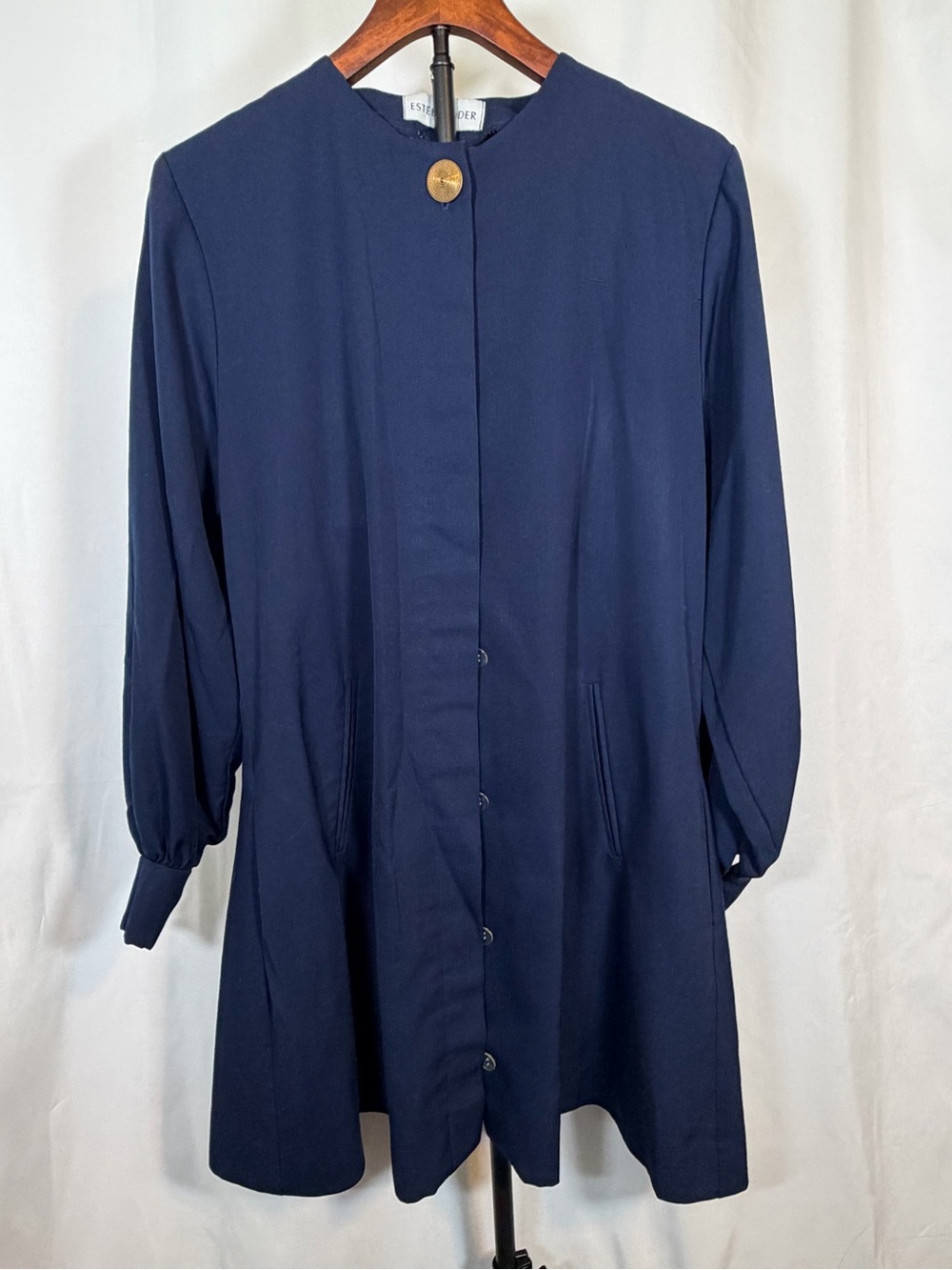 Vintage Estée Lauder Navy Blue Long Jacket Gold Button Hidden Snap Coat Size P